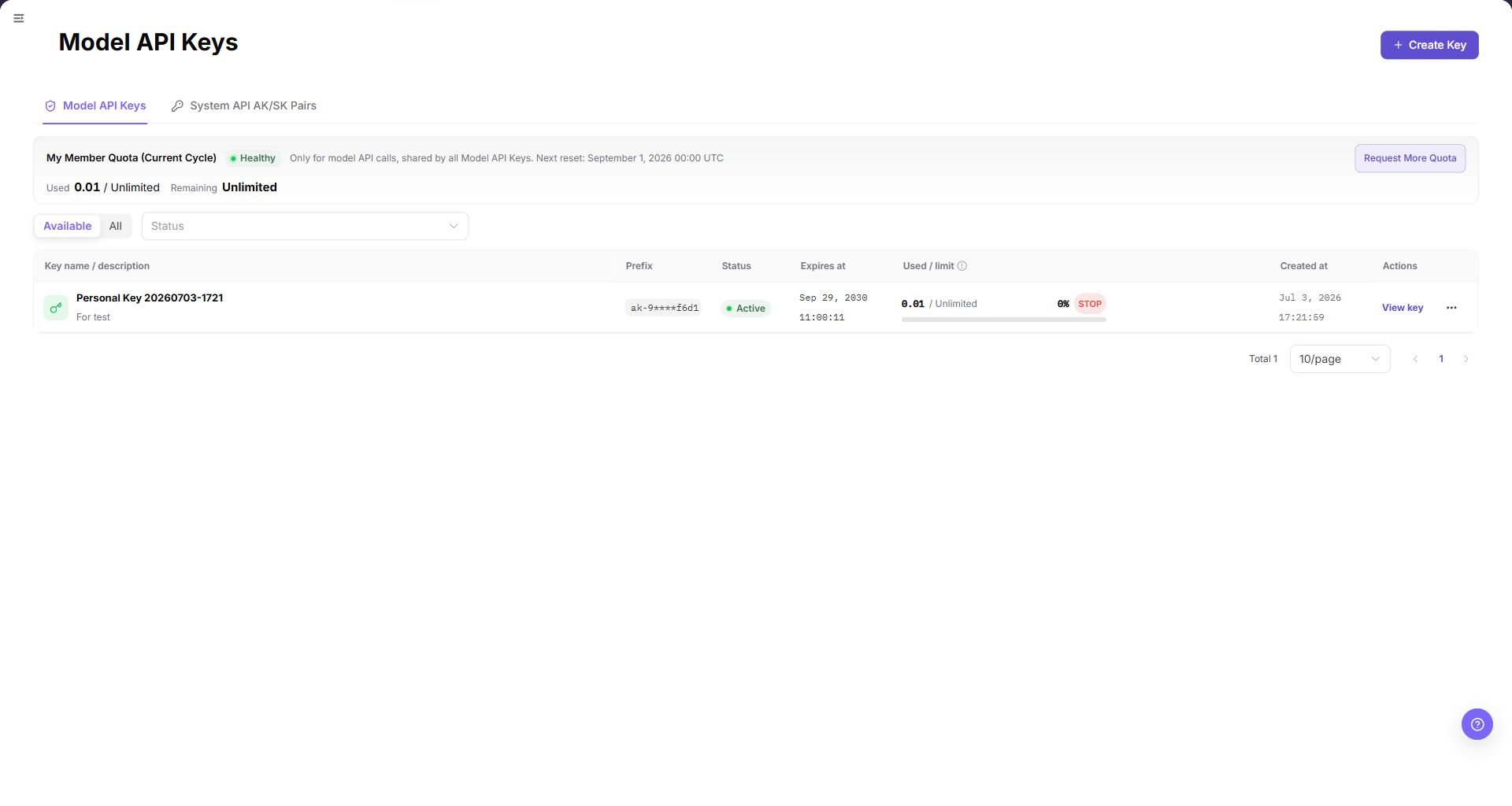 Validate the current account's personal key state and limits