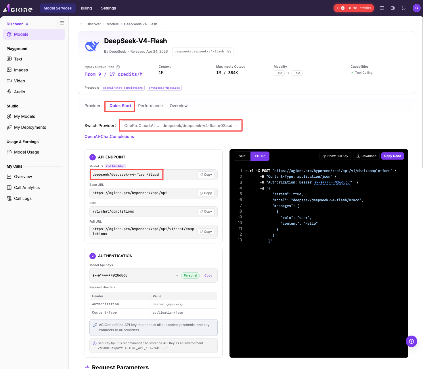 Quick Start page - copy Model ID
