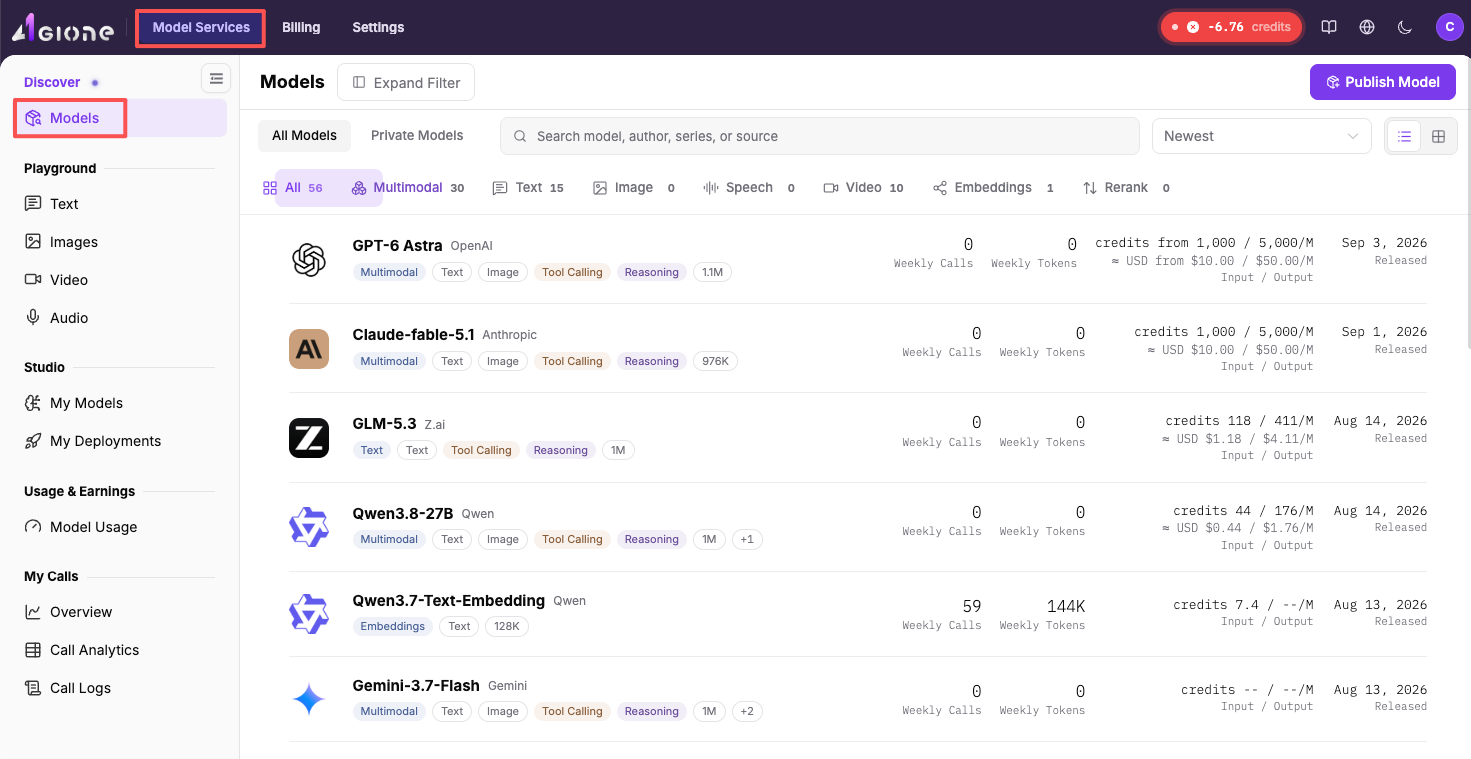 AGIOne Model Services menu